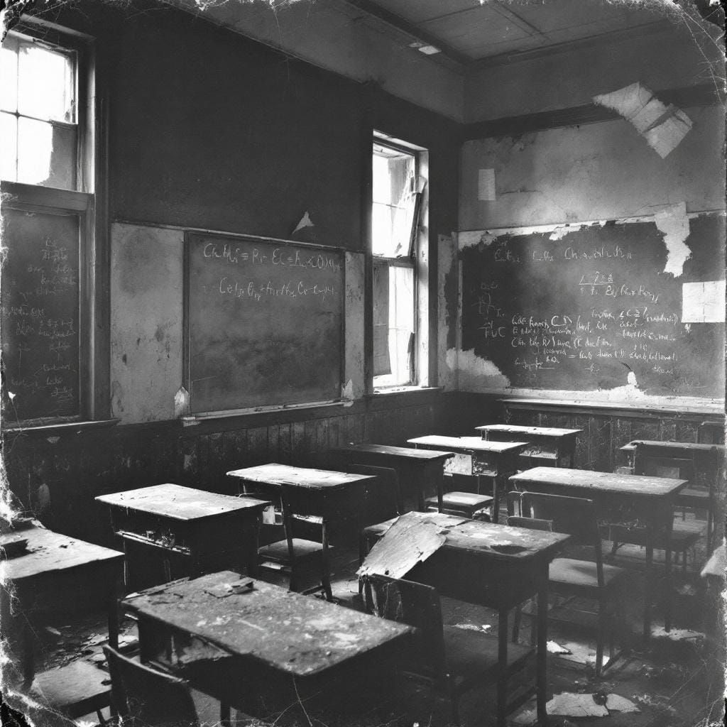 Abandoned Classroom in 1930s Oklahoma: Black and White Photo