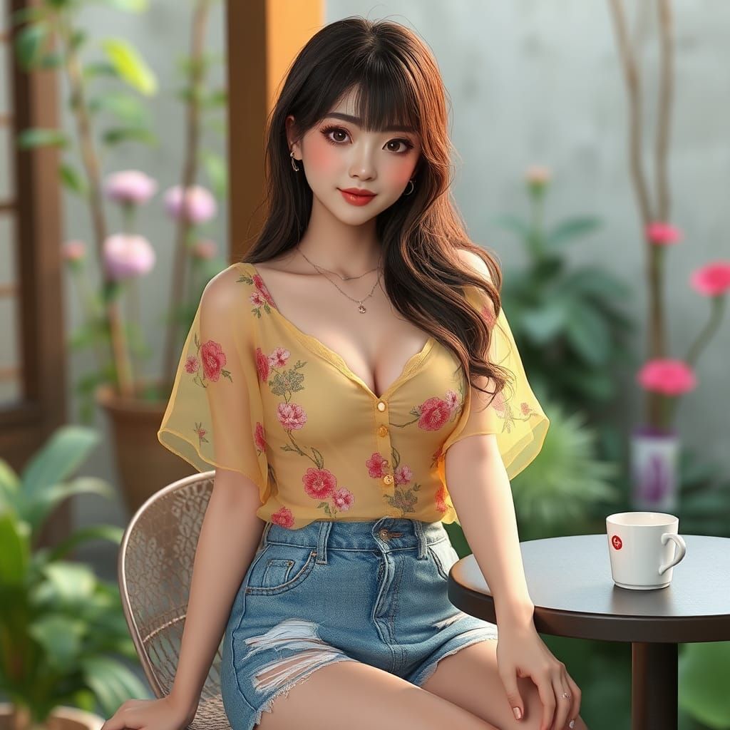 Elegant Asian Woman in Serene Garden Setting