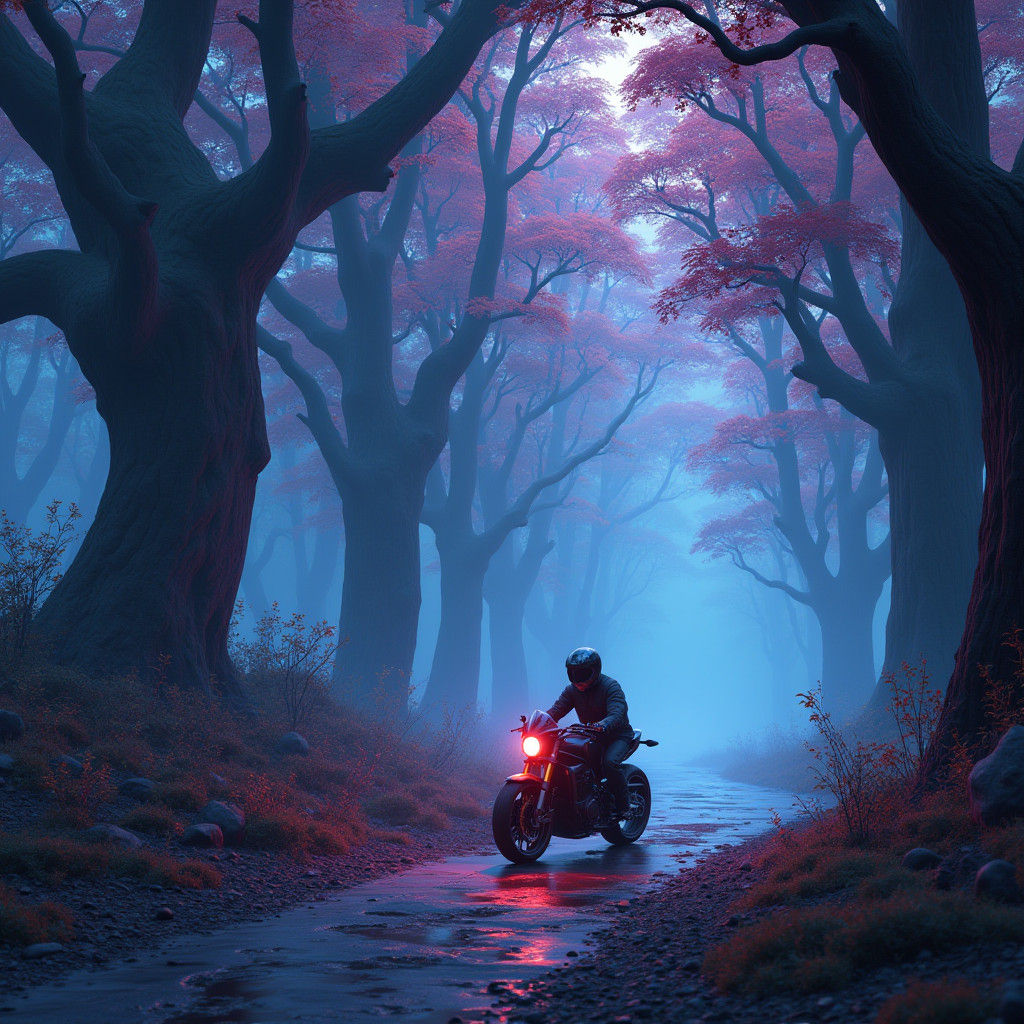 Sleek Motorbike Speeds Through Moonlit, Mystical Forest