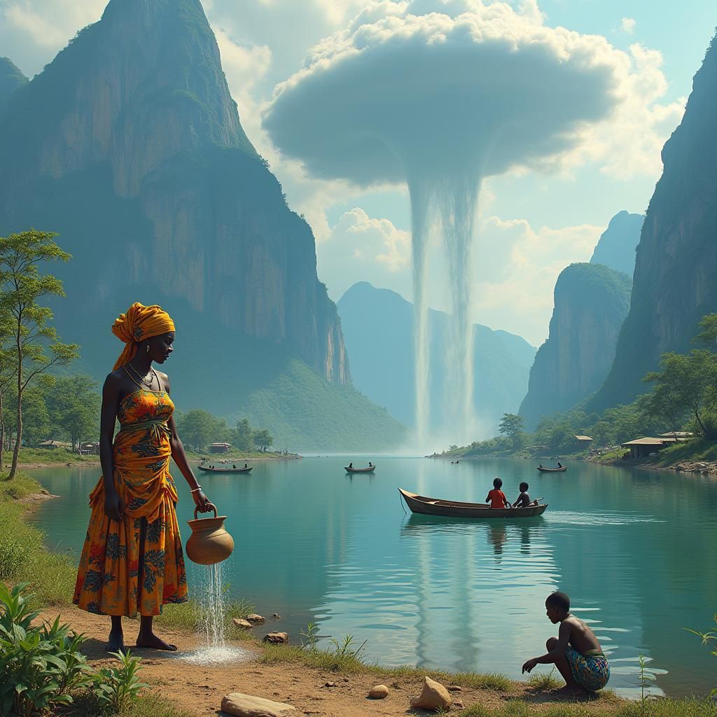 Mystical Hausa Lady Surrounded by Majestic Waterfall and Tra...