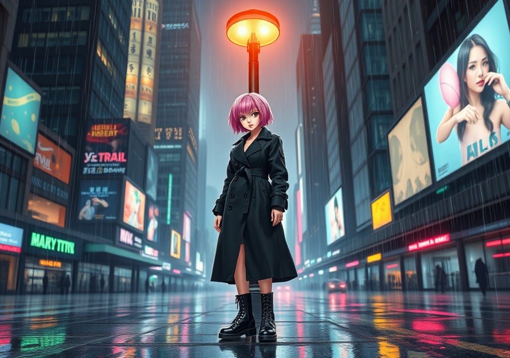 Pink haircut anime girl with a trench coat at night
