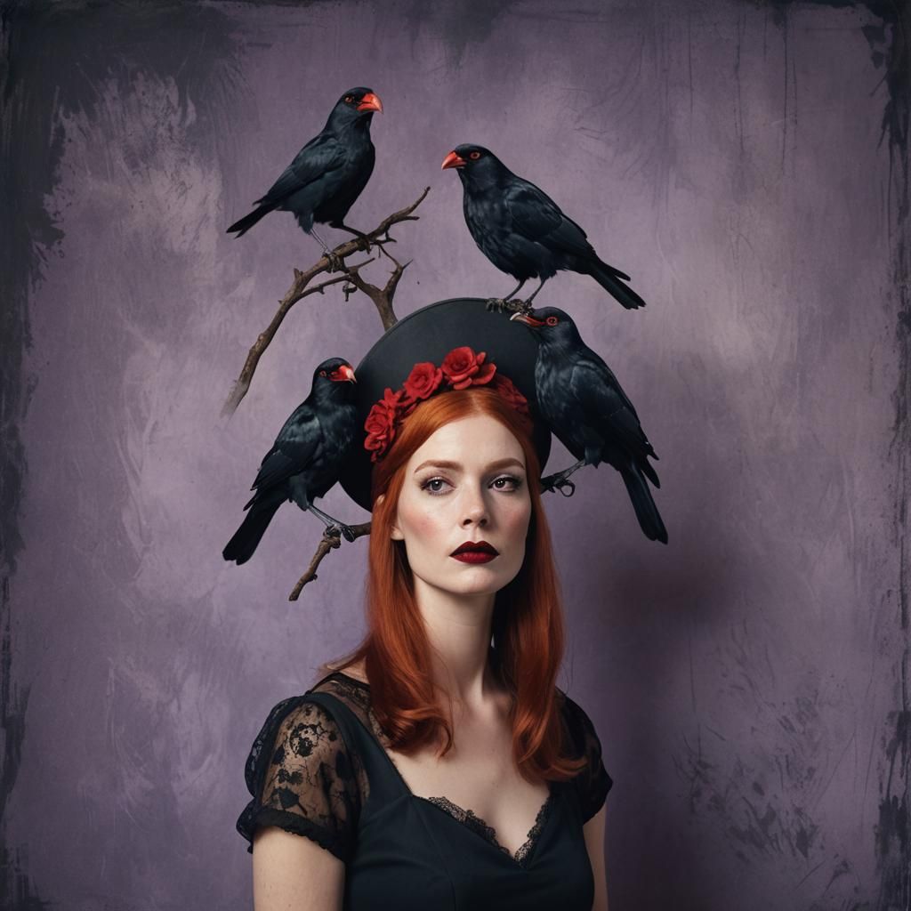 Vibrant Red-Haired Woman in Polaroid Style, with Intricately...