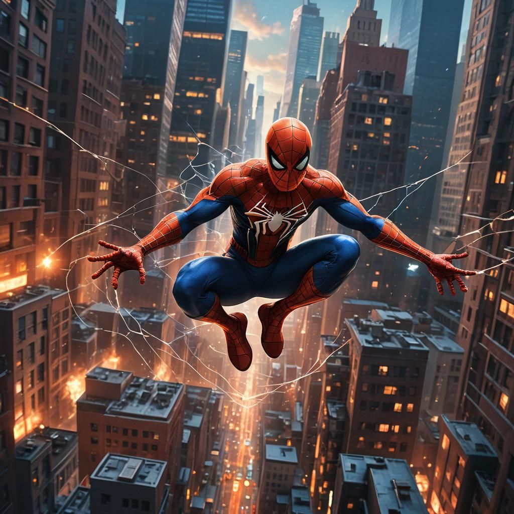 Spiderman Leaping on Buildings, Web-Slinging in Style