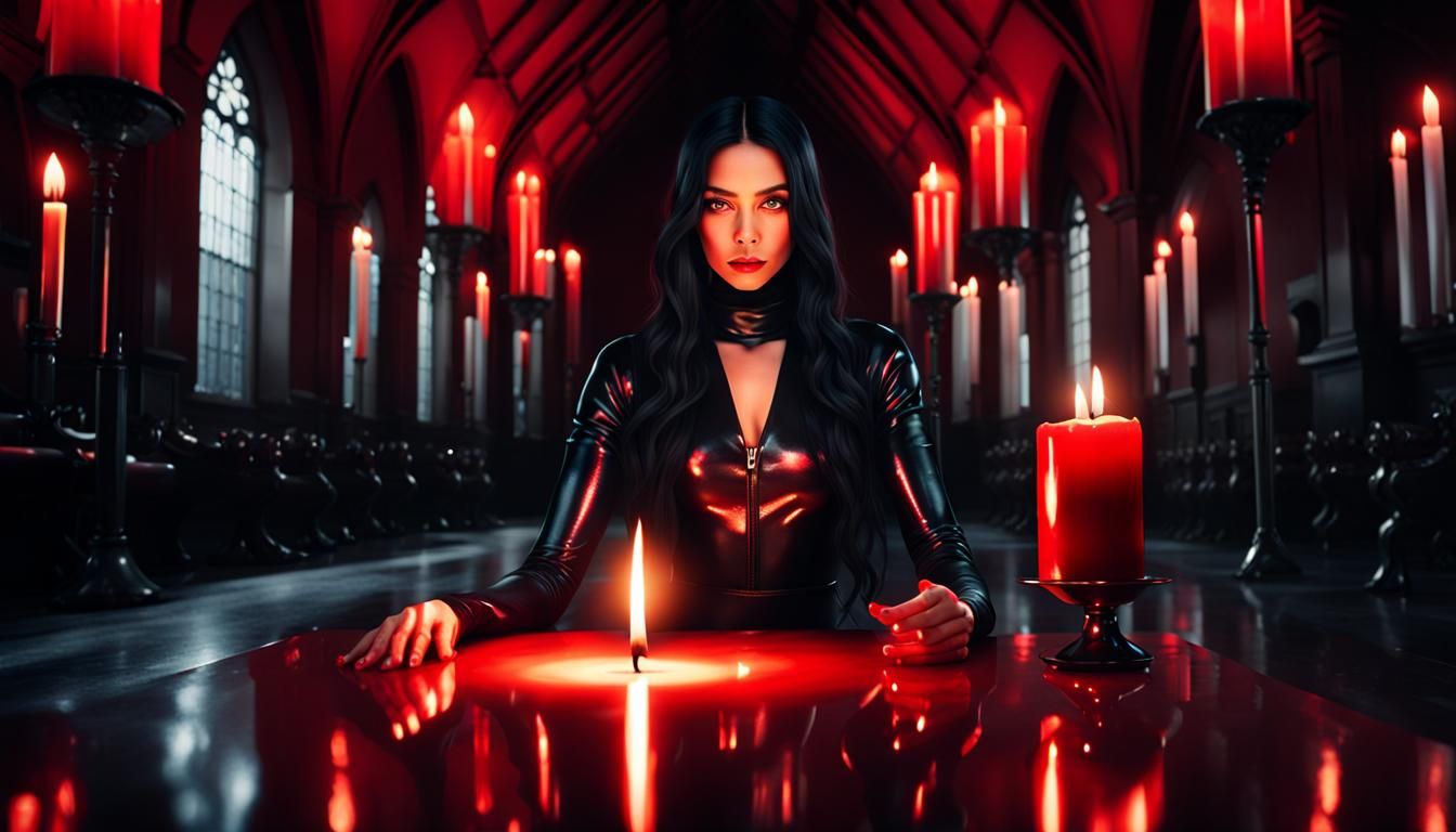 Enigmatic Dark Fantasy Girl Illuminated by Red Candlelight