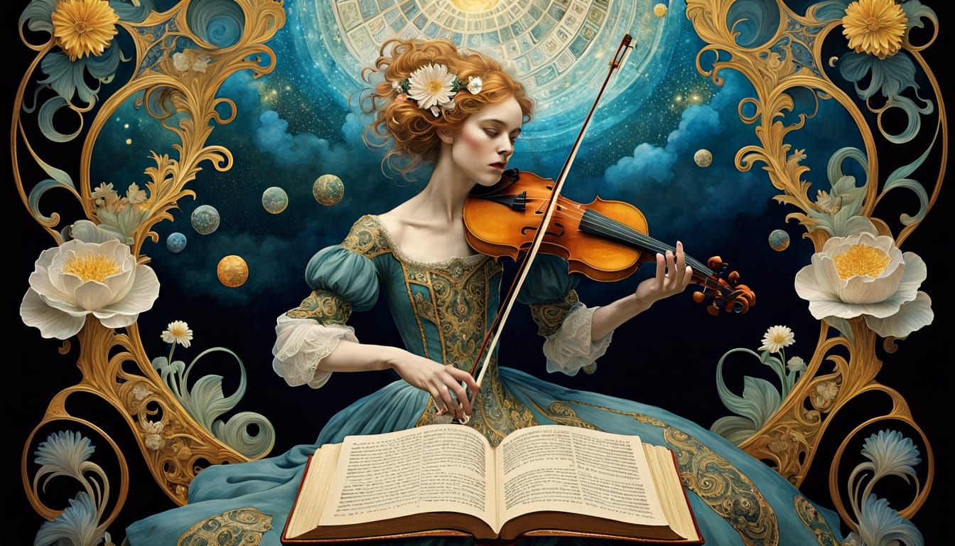 Woman with Violin and Magical Book in Klimt Style