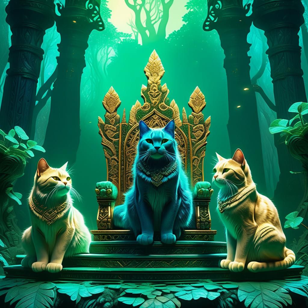 Ethereal Cats on Throne in Mystical Forest