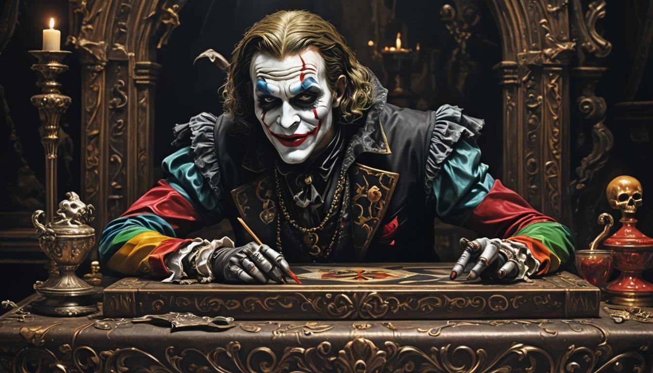 Hyper-Realistic Harlequin in Dark, Gothic Baroque Atmosphere
