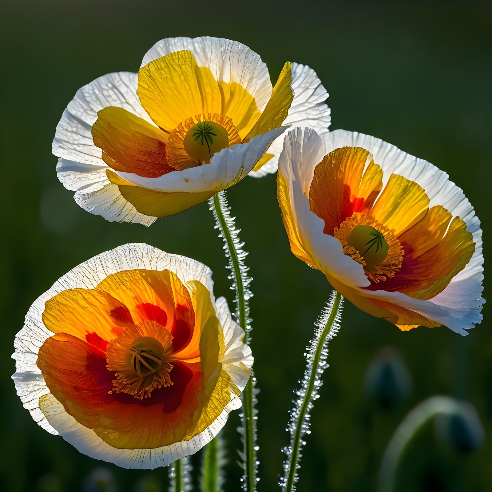 Vibrant Poppy Blooms in Morning Dew