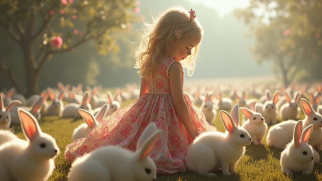 Girl Surrounded by White Rabbits in Whimsical Dreamlike Land...