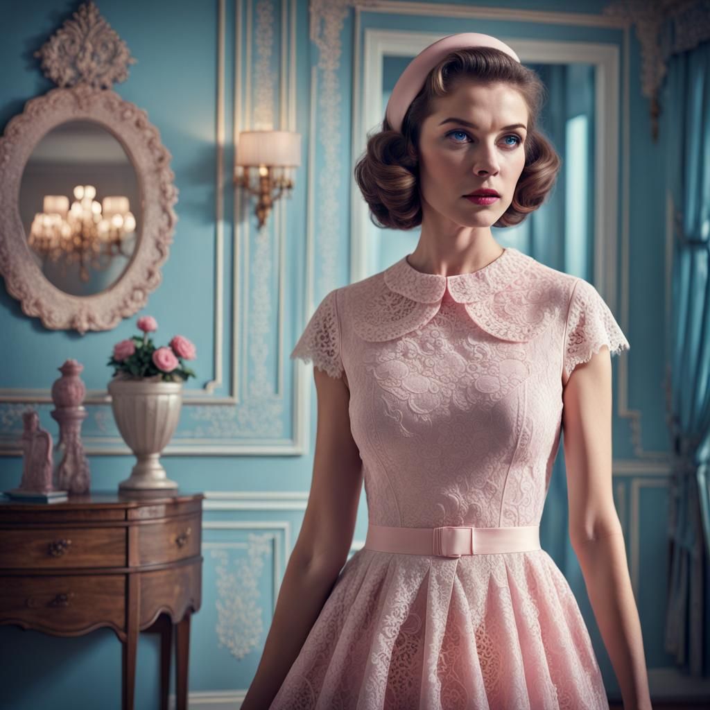Retro Woman in Vintage Lace Dress in Pastel Hues