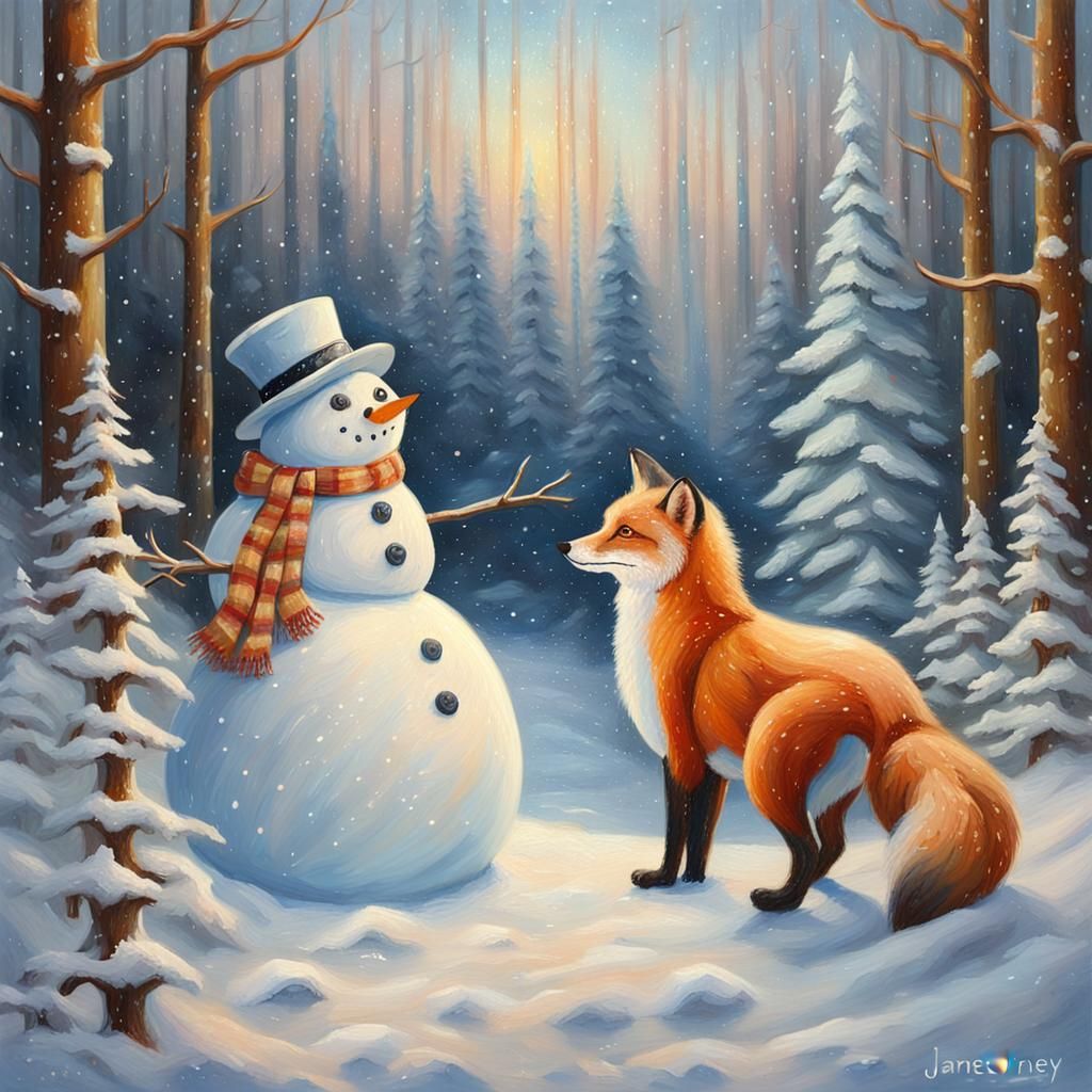 Serene Snowy Forest Whimsy in Impressionist Style