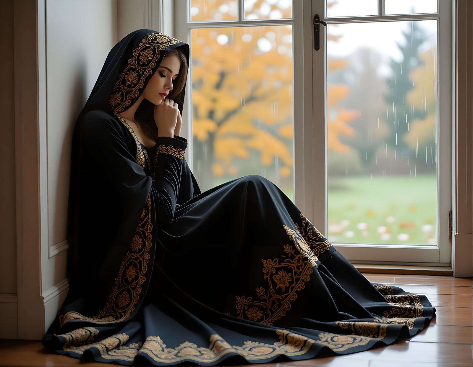Sad Autumn Woman in Cozy Room with Bokeh