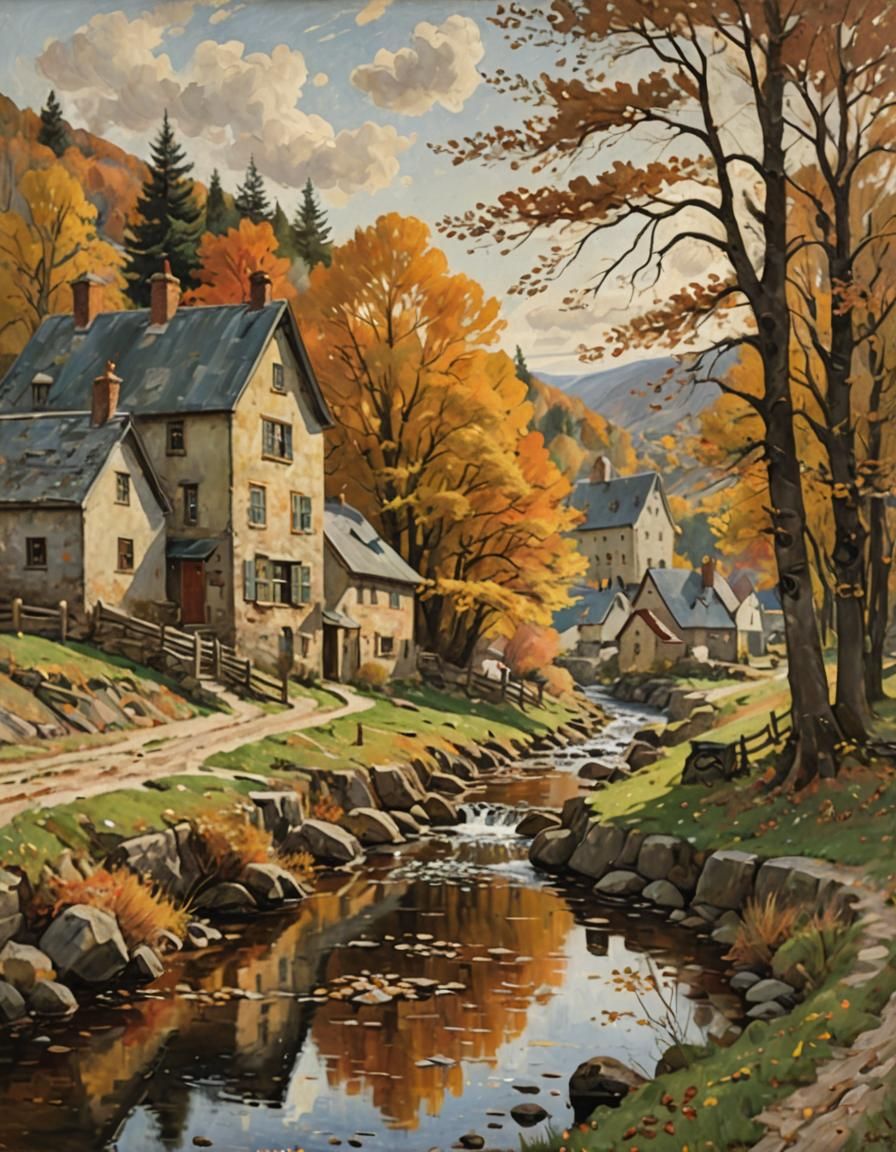 Autumn Stream Village in Muted Oil Painting Style