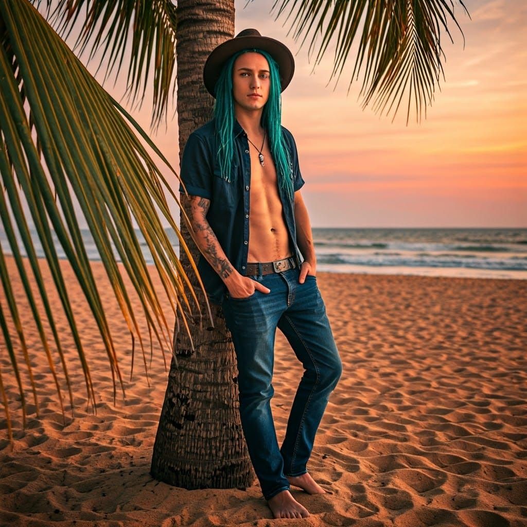Surreal Beach Scene in Vibrant Colors, Long Neon Hair, Fedor...