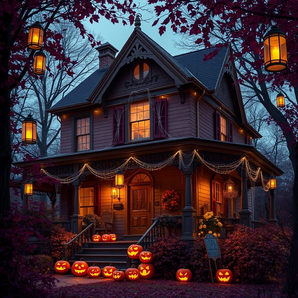 Haunted Mansion Halloween Scene in Vibrant Purple Tones