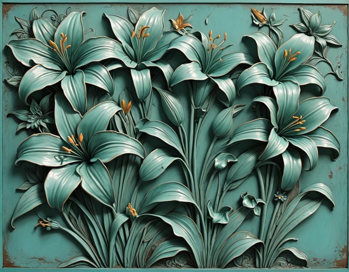 Ethereal Turquoise Lilies in Basrelief