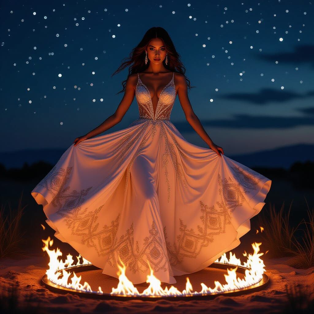 Woman Swirls Above Fire in Crystal Gown, Night Sky