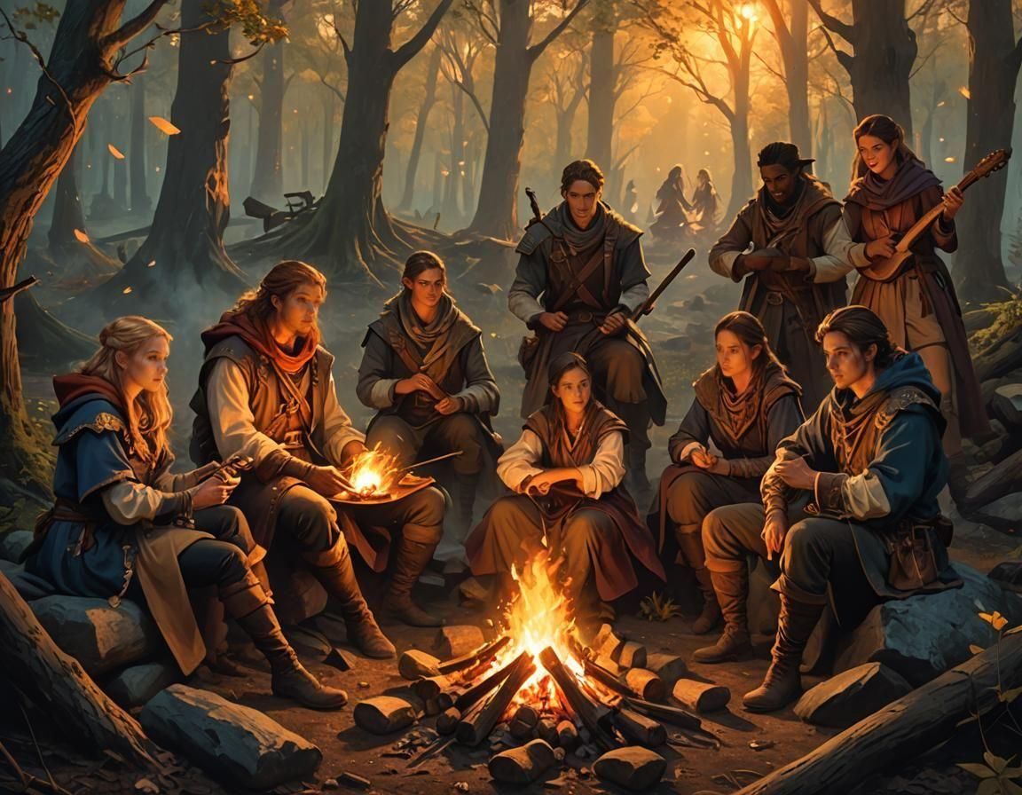 Epic Fantasy Campfire Gathering in a Mystical Forest