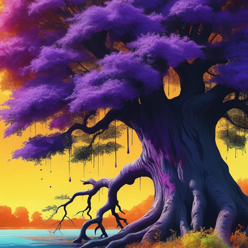 Vibrant Riverbank Graffiti in Expressive Oil Gouache Style