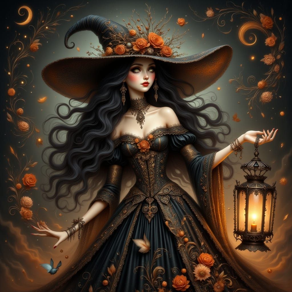 Mystical Witch Portrait with Glowing Lantern