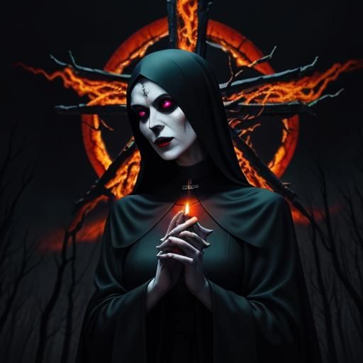 Gothic Nun Burning on Cross in Surreal Landscape