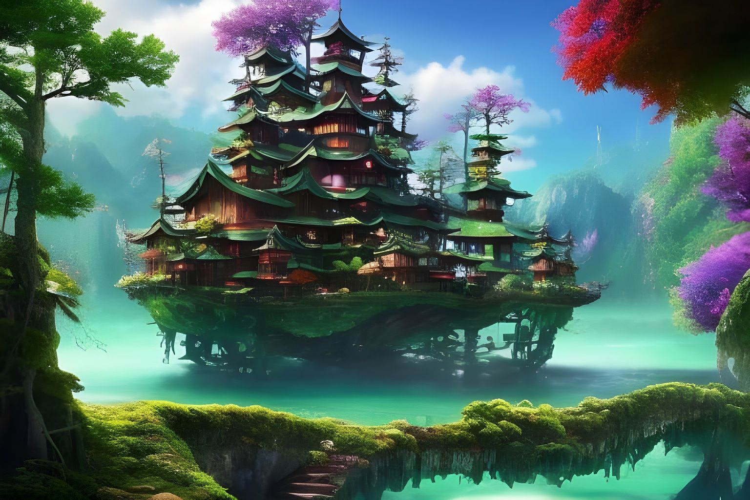 Vibrant Bonsai Lake Village in Bright Pastels