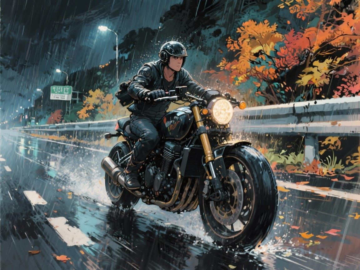 Biker on Rainy Highway Night in Vivid Fall Atmosphere