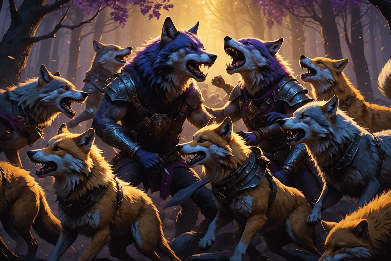 Wolfpack Battles Cunning Foxes in Epic Dark Fantasy Art