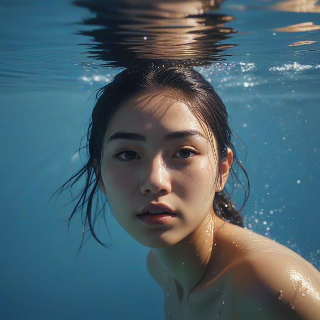 Japanese Girl Dives into Sunlit Waters
