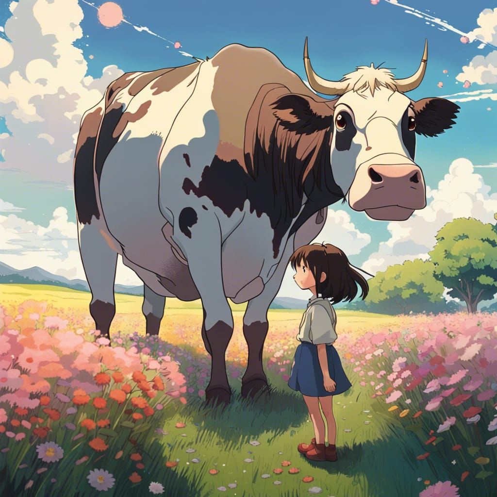 Girl Embracing Her Inner Cow Goddess in a Vibrant Floral Mea...