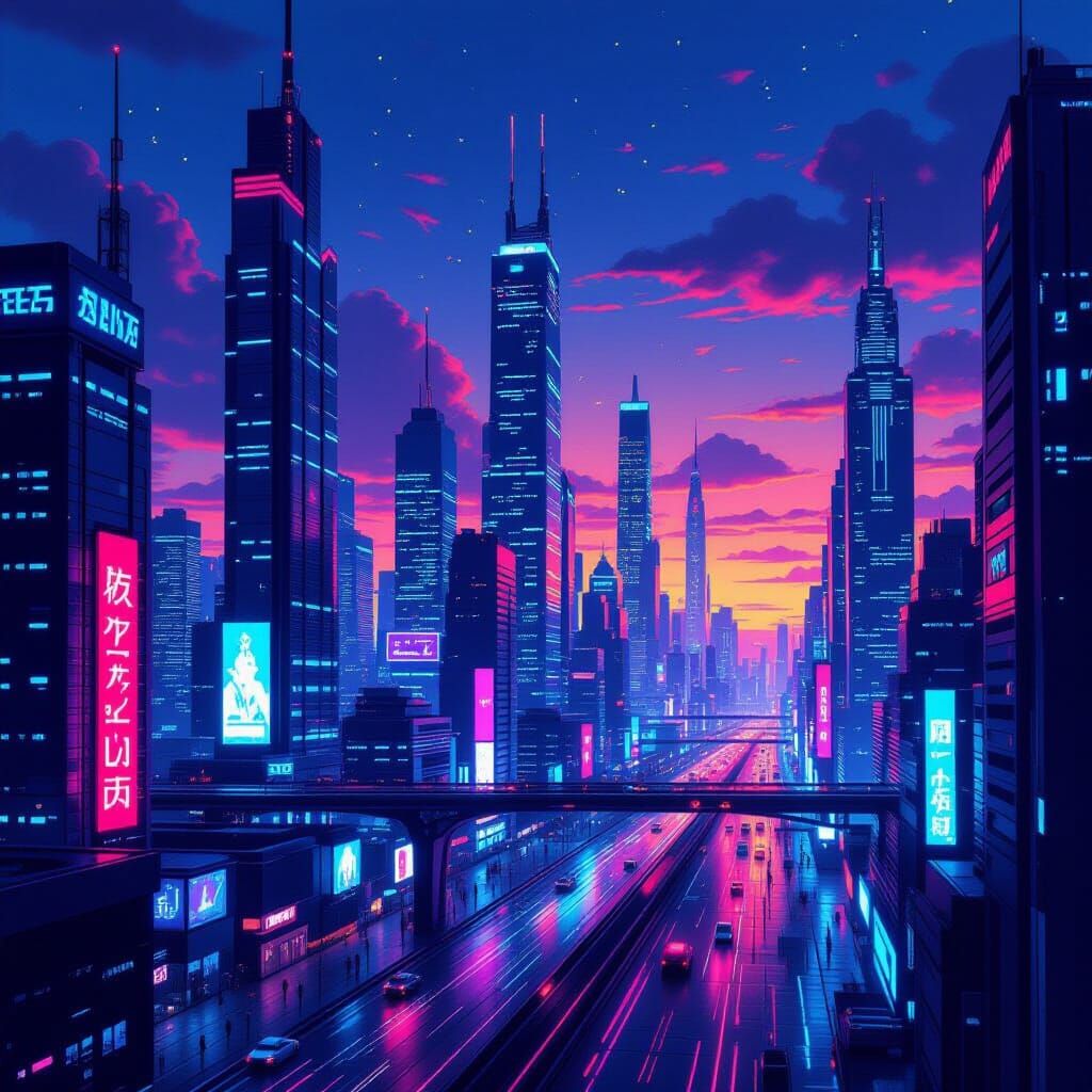 Futuristic Cityscape at Dusk in Synthwave Style