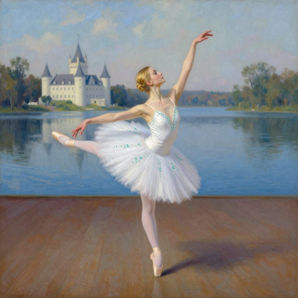 Ballerina Pirouettes on Stage by Blue Lake with Castle