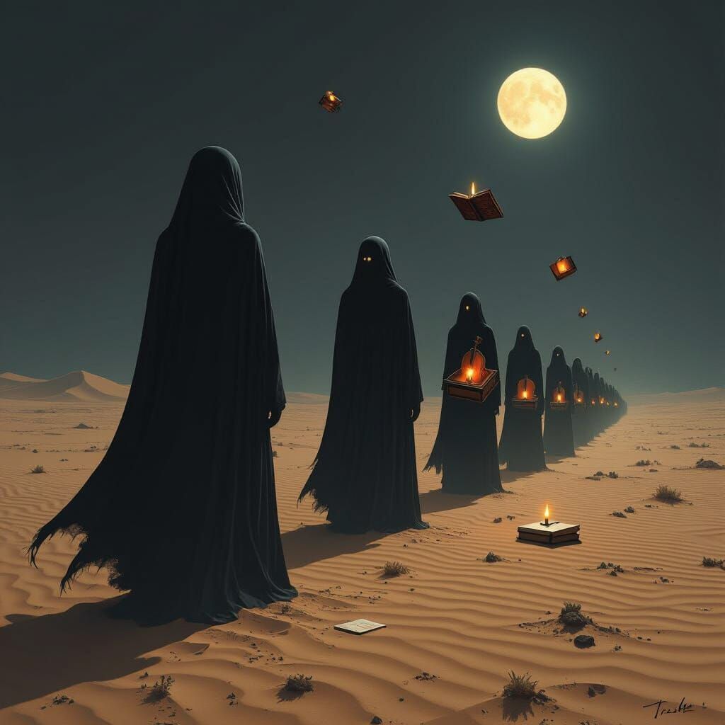 Surreal Funeral Procession Across Eerie Desert Landscape