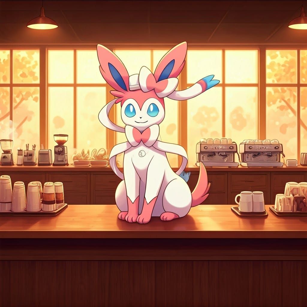 Anime-Inspired Café Scene with Majestic Sylveon