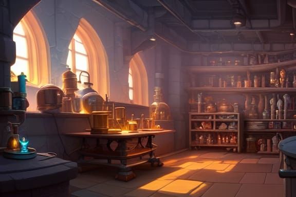 Surreal Alchemist Laboratory Illuminated by Volumetric Light...