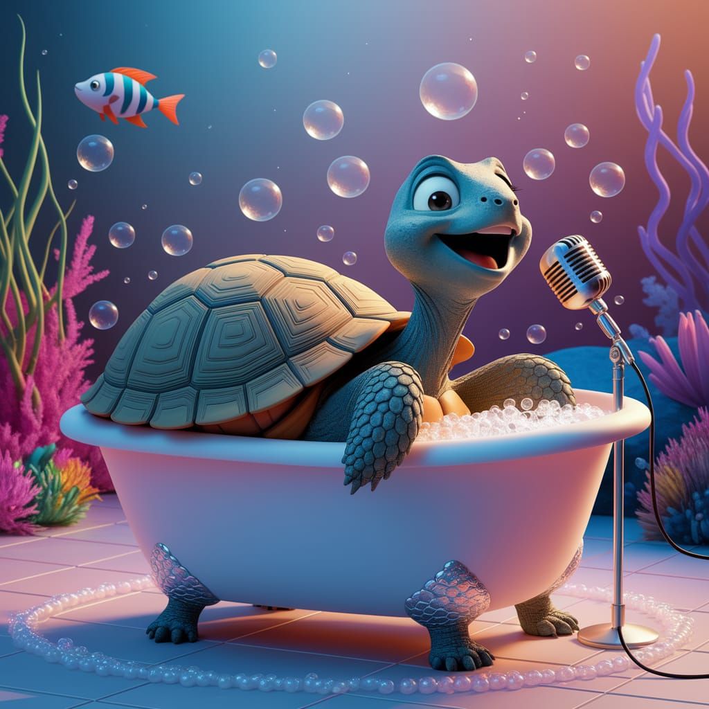 Tortoise Croons in Bubble Bath: Pixar-Style Digital Art