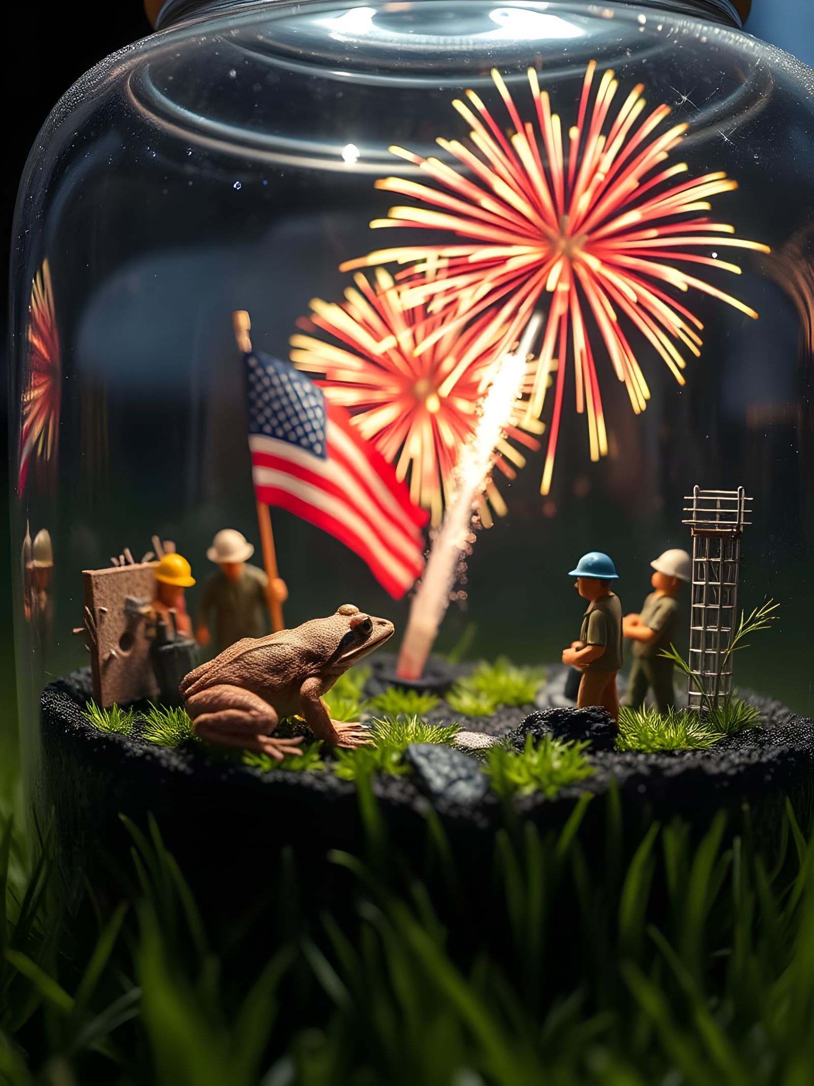 Surreal Diorama of Fireworks and Patriotic Toad
