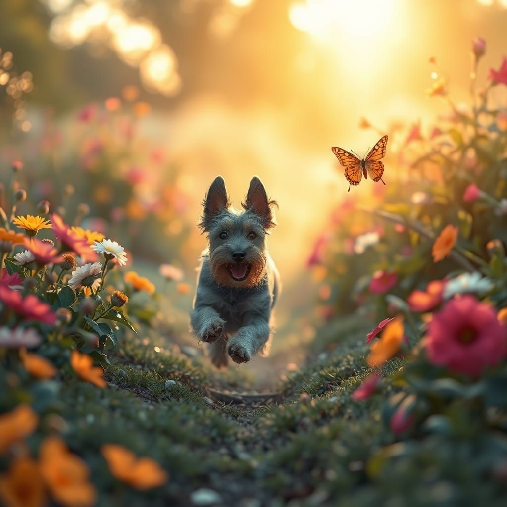 Vibrant Impressionist Garden Scene with a Chasing Schnauzer