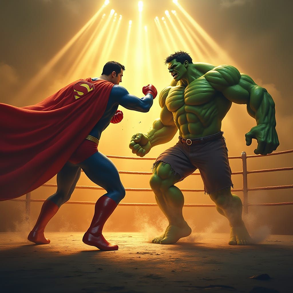 Epic Superhero Battle in a Golden Boxing Ring