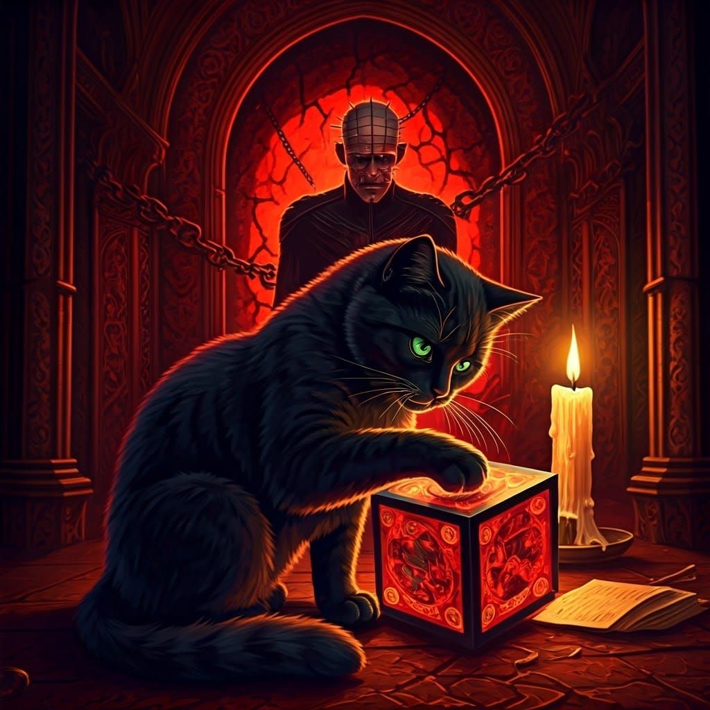 Sleek Black Cat Teases Pinhead with Hellraiser Cube