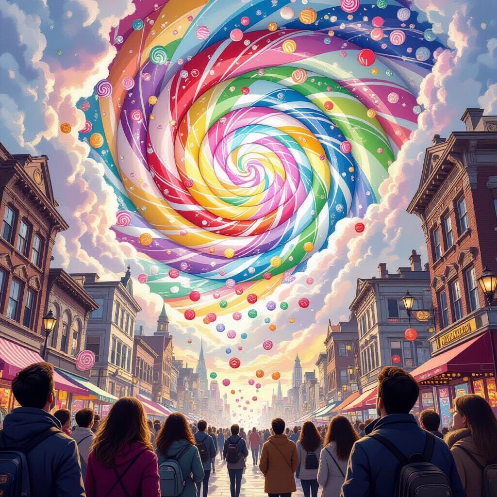 Metropolis Marvels: Candy Sky Over Awestruck Crowds