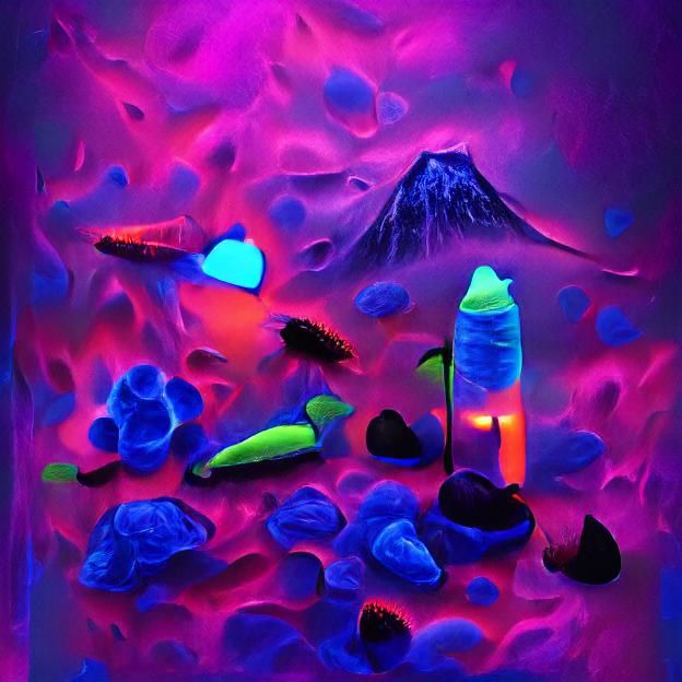 Vibrant Retro-Futuristic Landscape with Lava Volcano, Moon,...