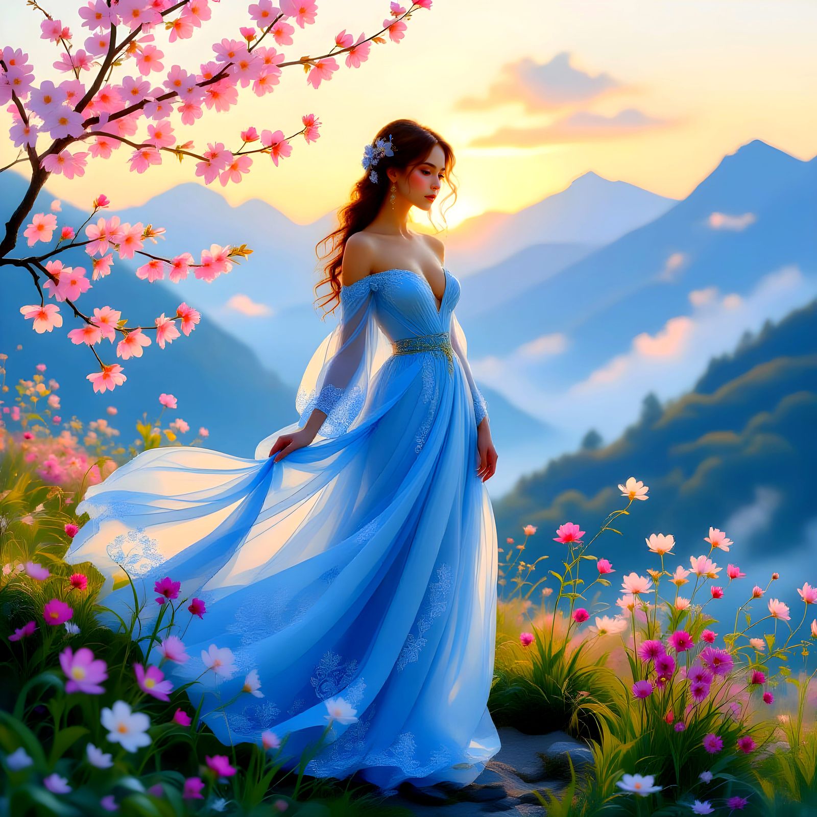 Woman in Blue Gown, Gouache Watercolor Painting