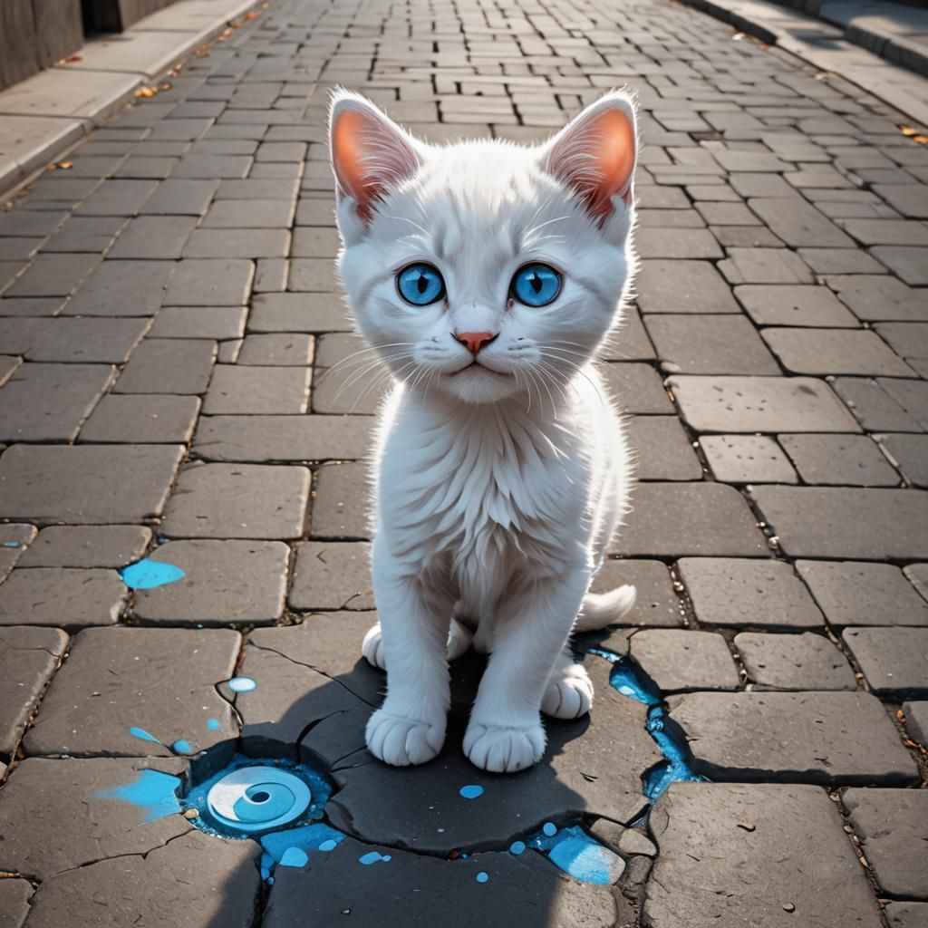 Whimsical 3D Street Art of Kitten Rising from Sidewalk