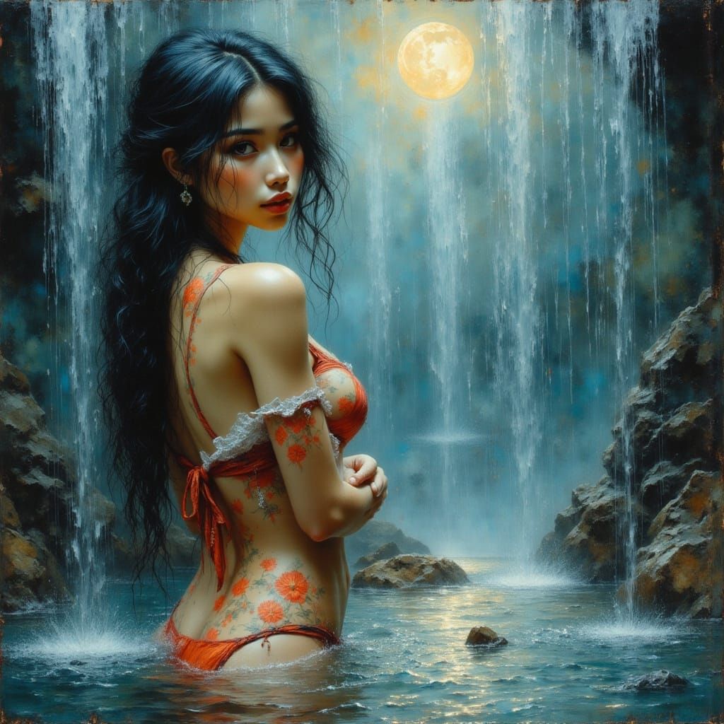 Ethereal Goddess Bathes Under Moonlit Waterfall