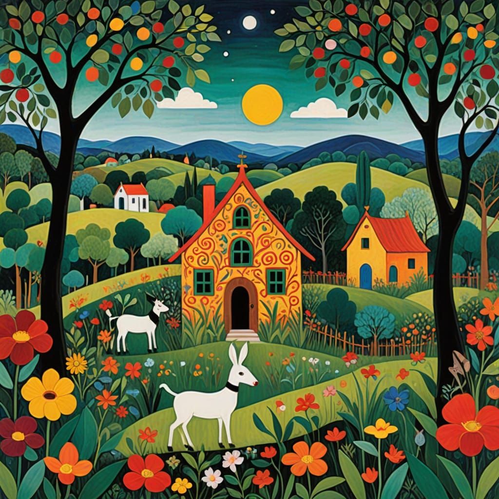 Lush, Vibrant Farmhouse Amidst Exotic Garden in Whimsicalpun...