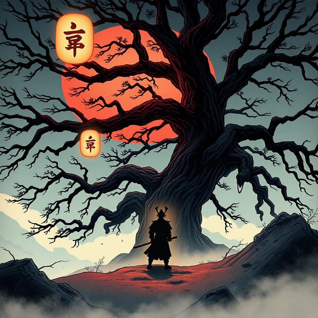 Mystical Samurai Landscape in Ukiyo-e Style