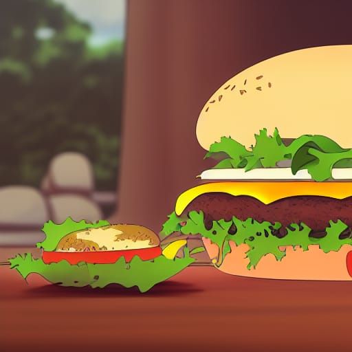 Surreal Burger Concept Art in Vibrant Anime Style