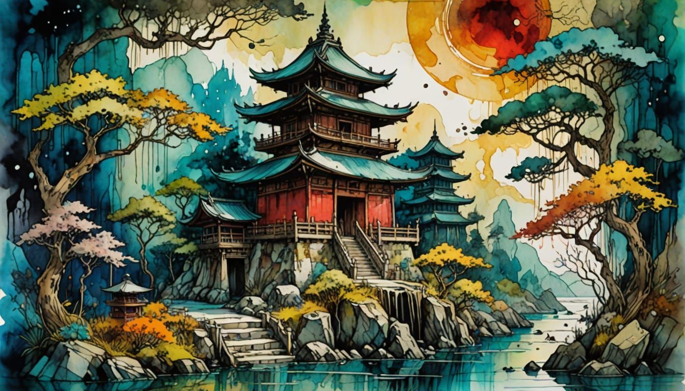 Mysterious Japanese Temple in Alcohol Ink Style