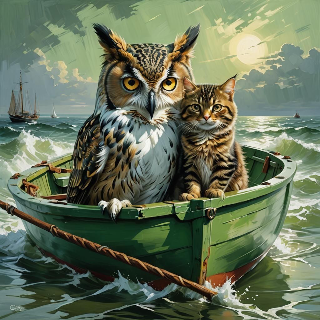 An owl and a cat went to sea in a beautiful pea green boat (...